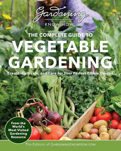 cover of vegetable gardening book with pitcher of a veggie harvest on it.