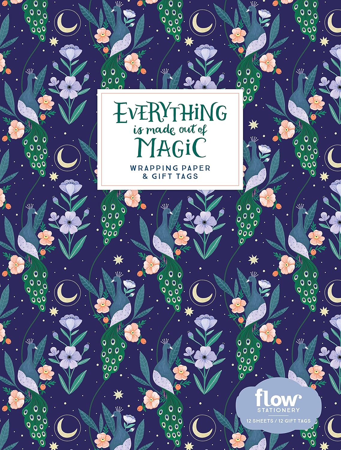 Wrapping paper with magical design featuring foxes, flowers, and moons on a dark blue background.