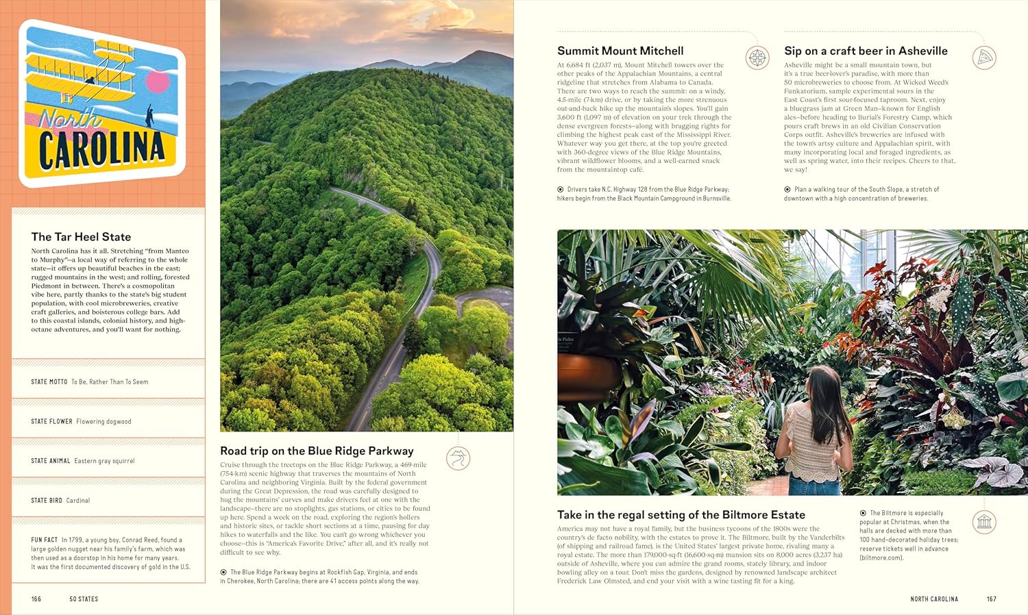 book page about North Carolina with scenic and indoor photos.