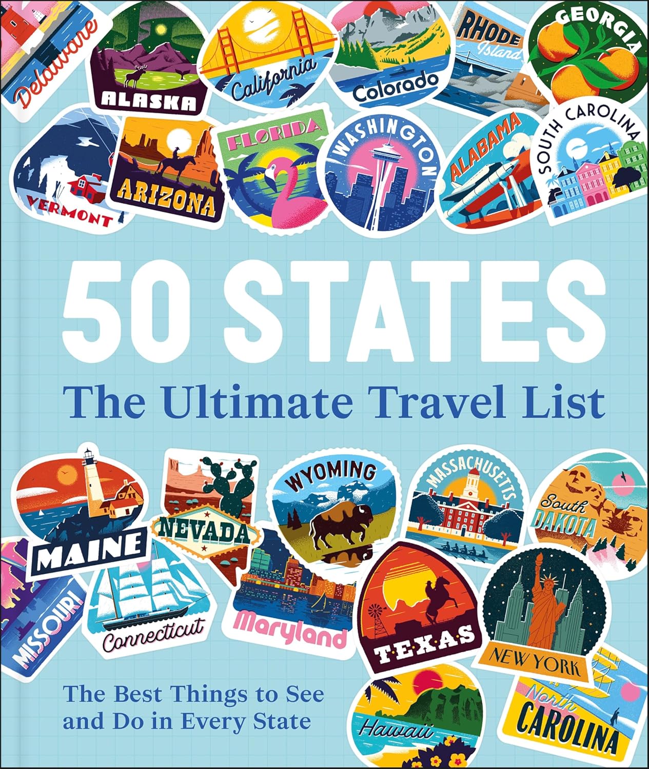book cover featuring white and blue title text and state stamp images