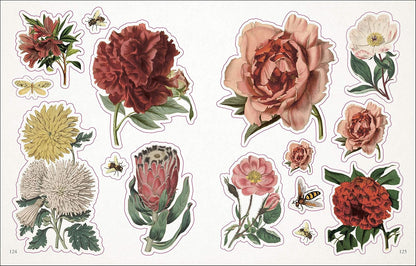 Set of floral stickers with various flowers and insects on a white background