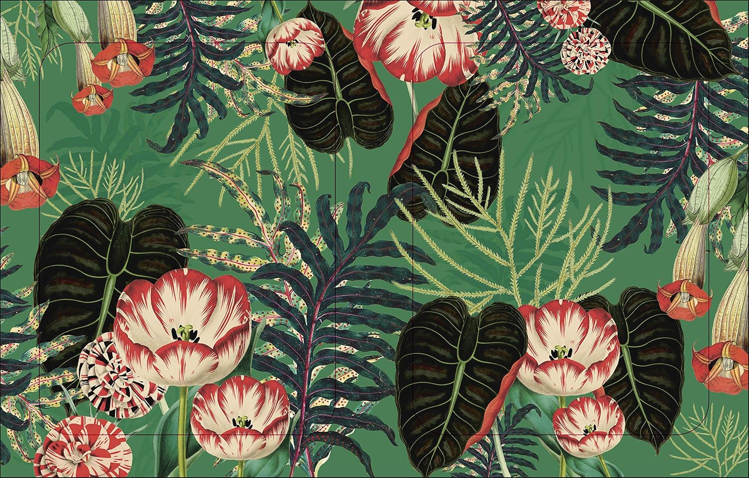 Tropical floral pattern with red and white flowers and dark green leaves on a green background