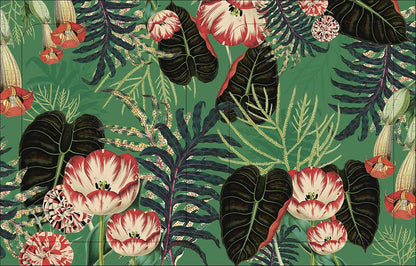 Tropical floral pattern with red and white flowers and dark green leaves on a green background