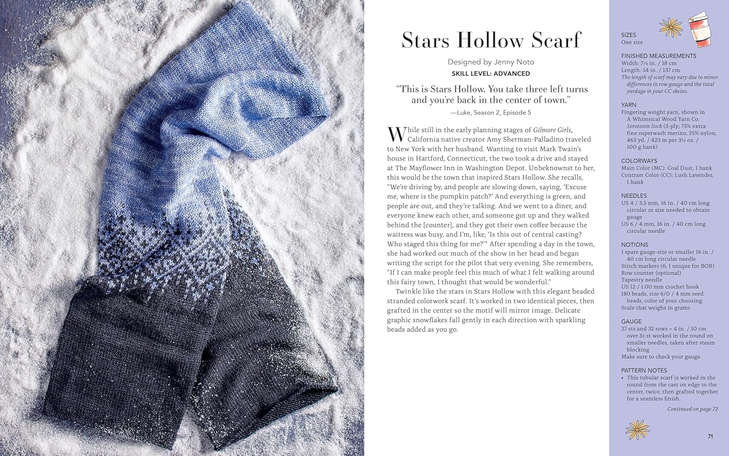 Blue and gray scarf on a textured surface with text and product details.