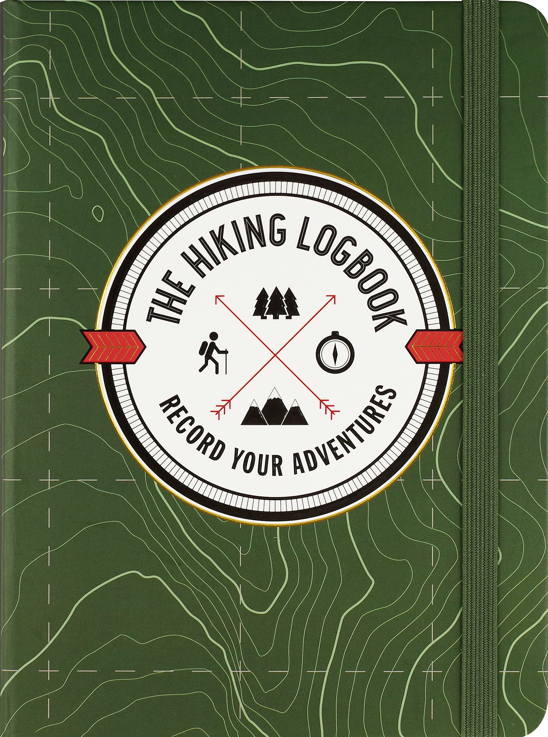 front cover of hiking logbook is green with geographical lines, a white center patch filled with title, and green elastic strap closure