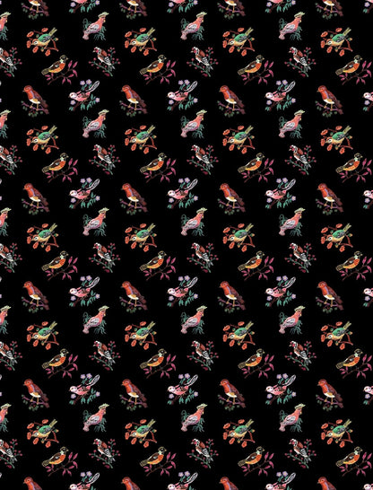 sample wrapping paper page of Colorful pattern of stylized animals on a black background