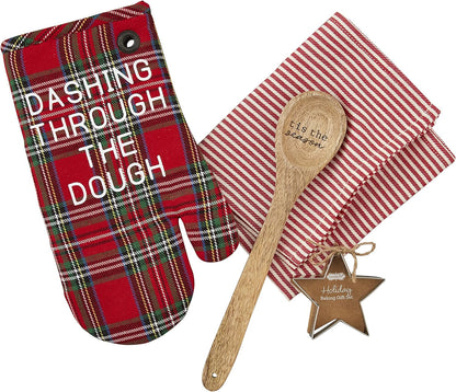 oven mitt, towel, spoon, and cookie cutter arranged on a white background.