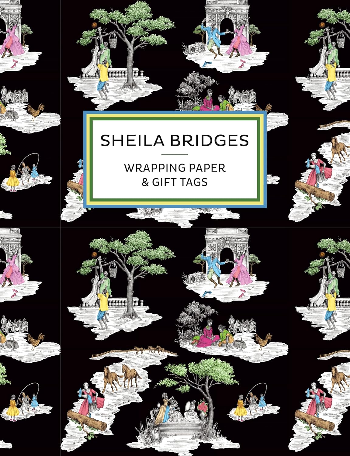 Sheila Bridges wrapping paper and gift tags with decorative illustrations on a black background