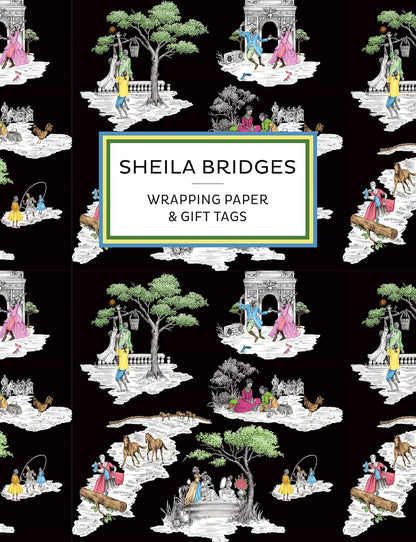 Sheila Bridges wrapping paper and gift tags with decorative illustrations on a black background