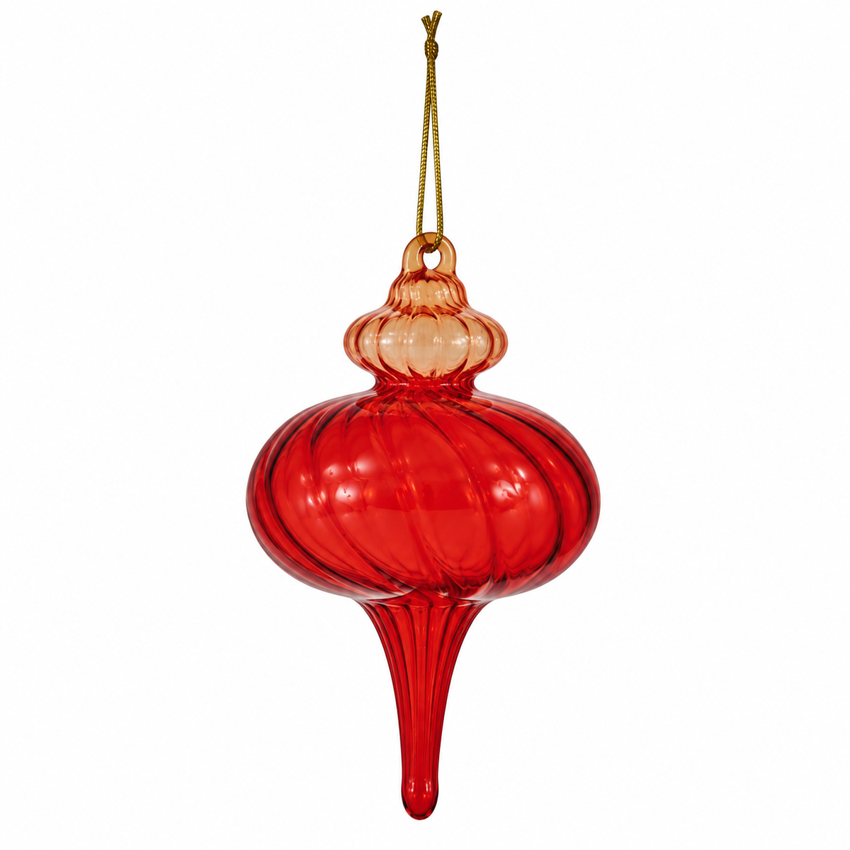 An red and orange glass finial ornament with a ribbed bulbous body, a narrow stem, and a hanging loop at the top, shown against a plain white background.
