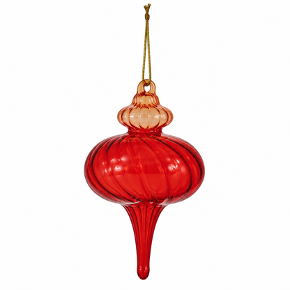 An red and orange glass finial ornament with a ribbed bulbous body, a narrow stem, and a hanging loop at the top, shown against a plain white background.
