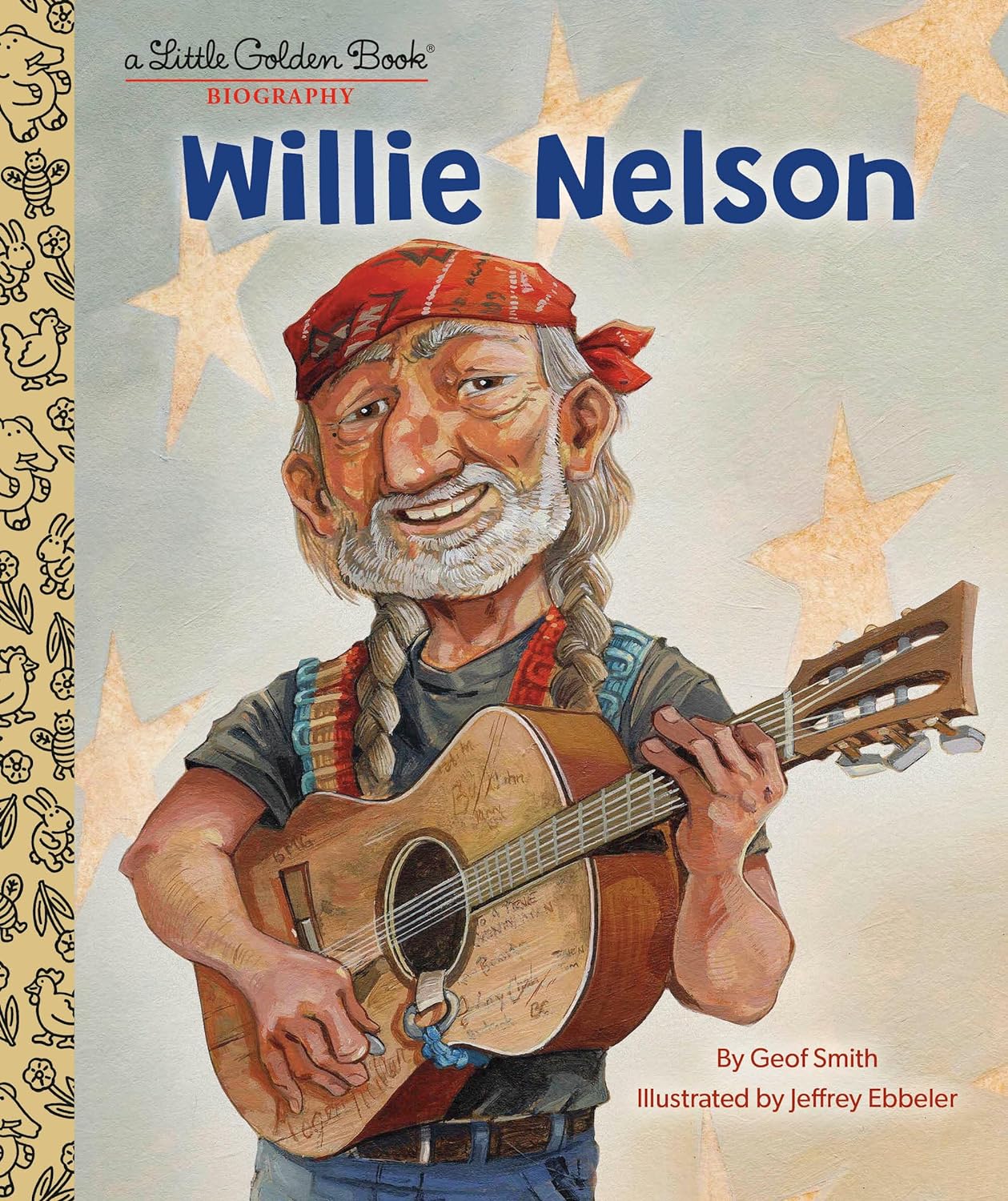 book cover with drawing of willie nelson playing guitar