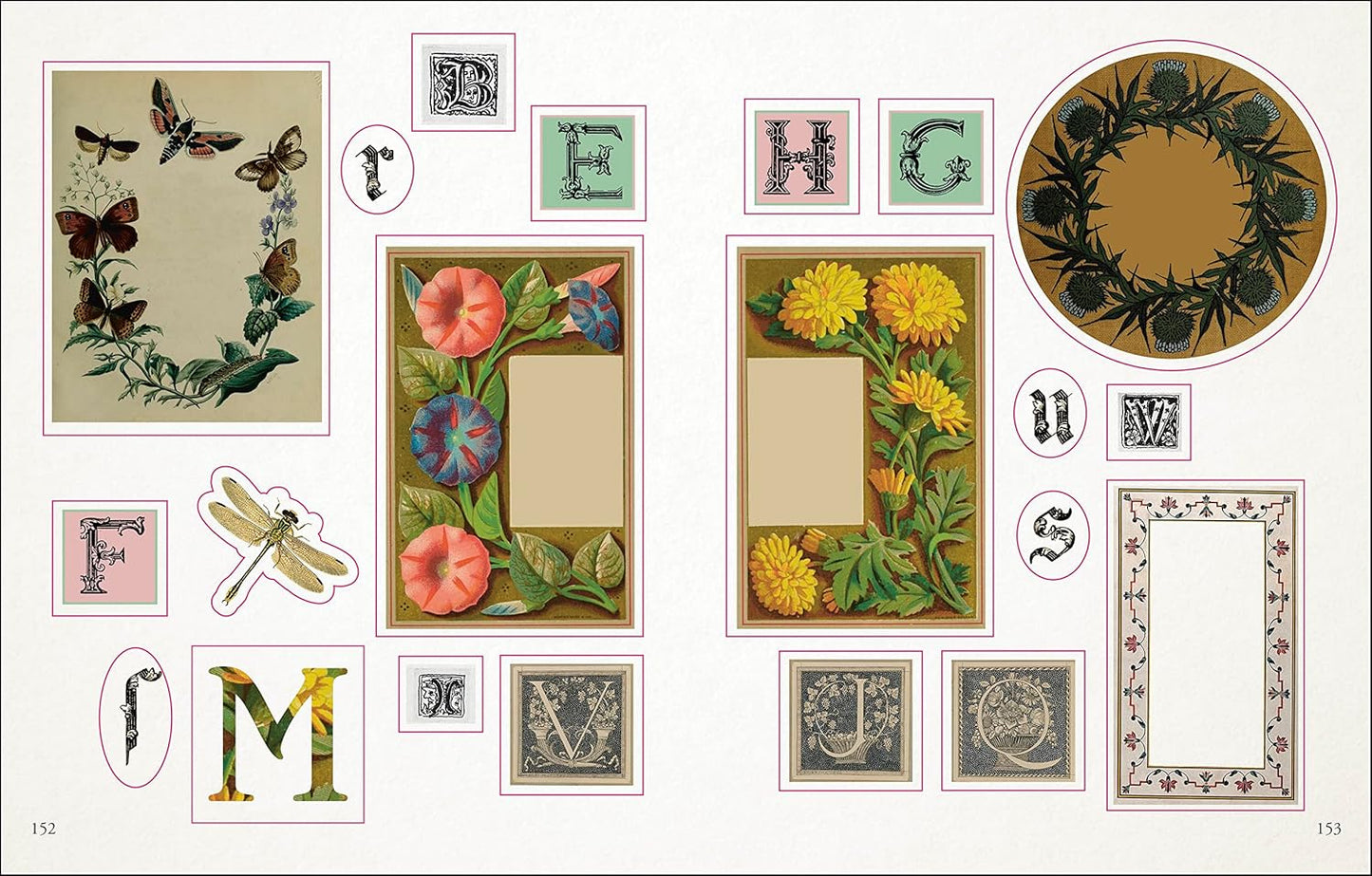 open book showing pages of stickers of various boarders and letters with floral designs