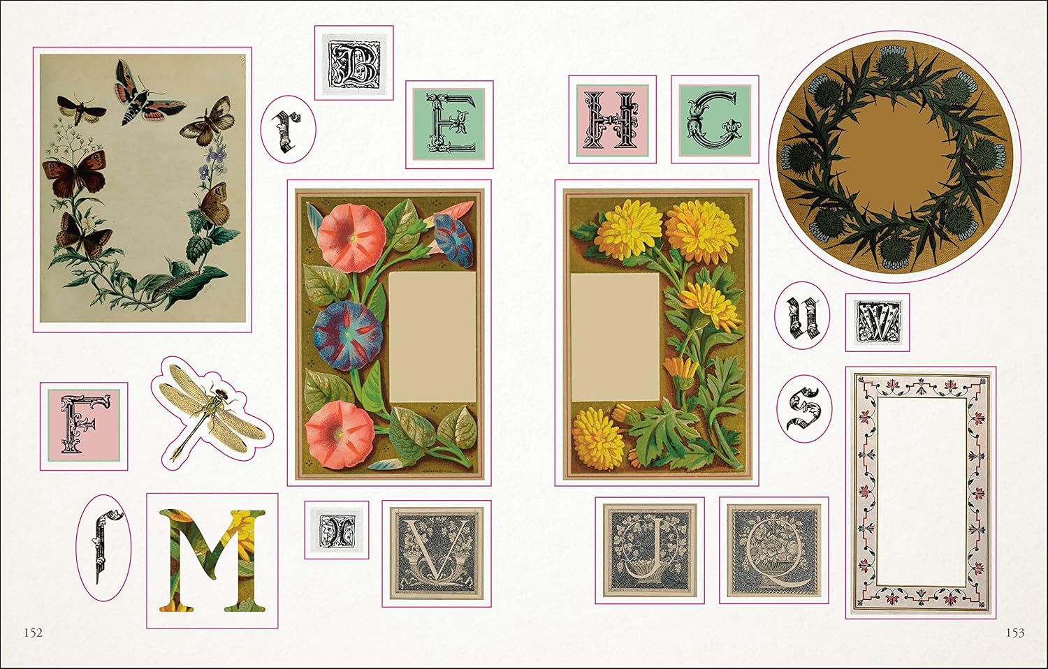 open book showing pages of stickers of various boarders and letters with floral designs