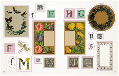 open book showing pages of stickers of various boarders and letters with floral designs