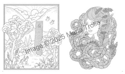 inside pages of Fairytale Worlds Coloring Book with line drawings of a castle and girl with long braids