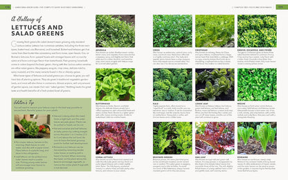 inside pages of book with text and images of lettuces and salad greens.