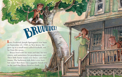 interior pages of book showing bruce as a child climbing a tree.