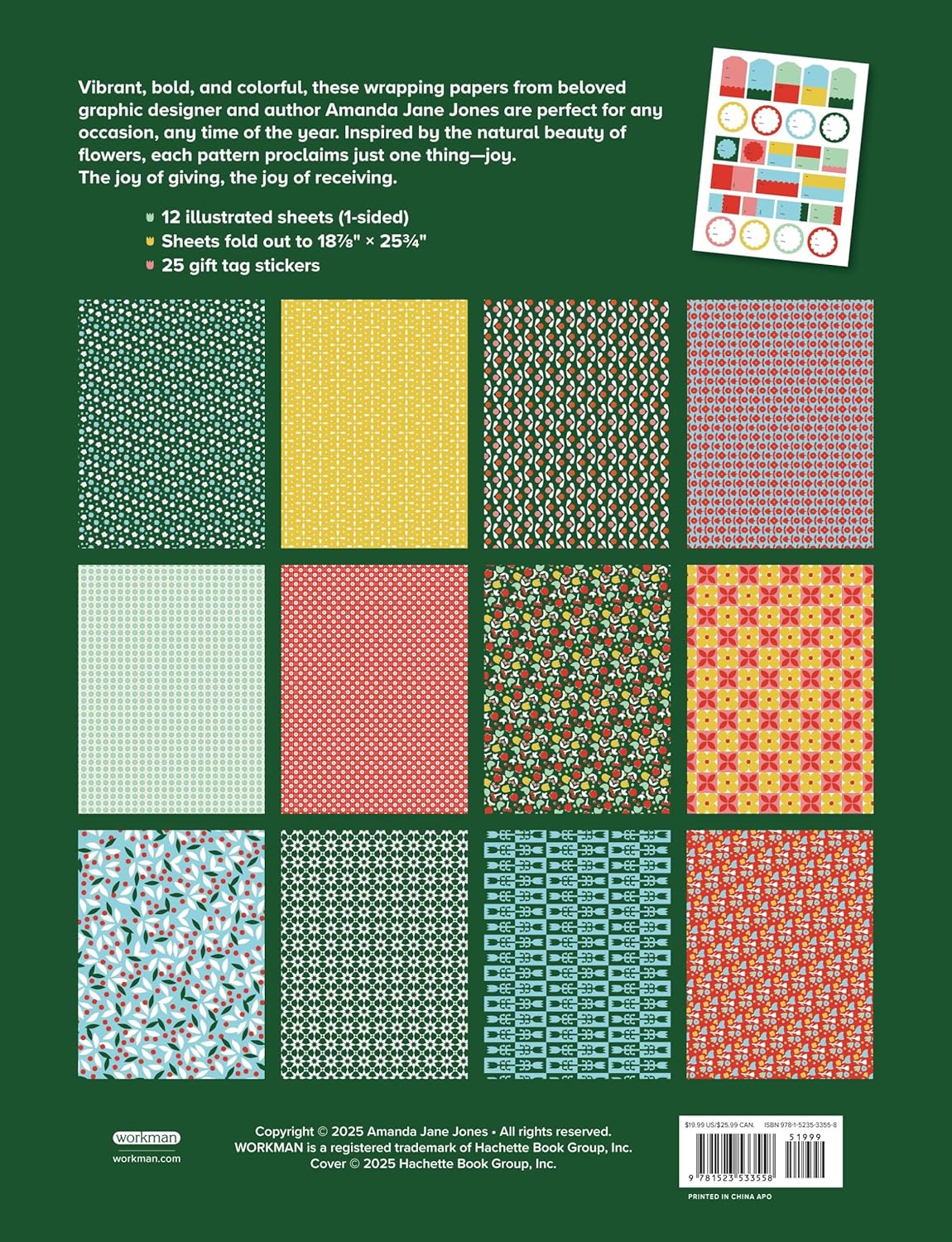 Collection of colorful wrapping paper sheets with patterns on a green background