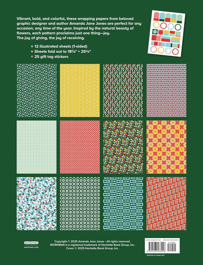 Collection of colorful wrapping paper sheets with patterns on a green background