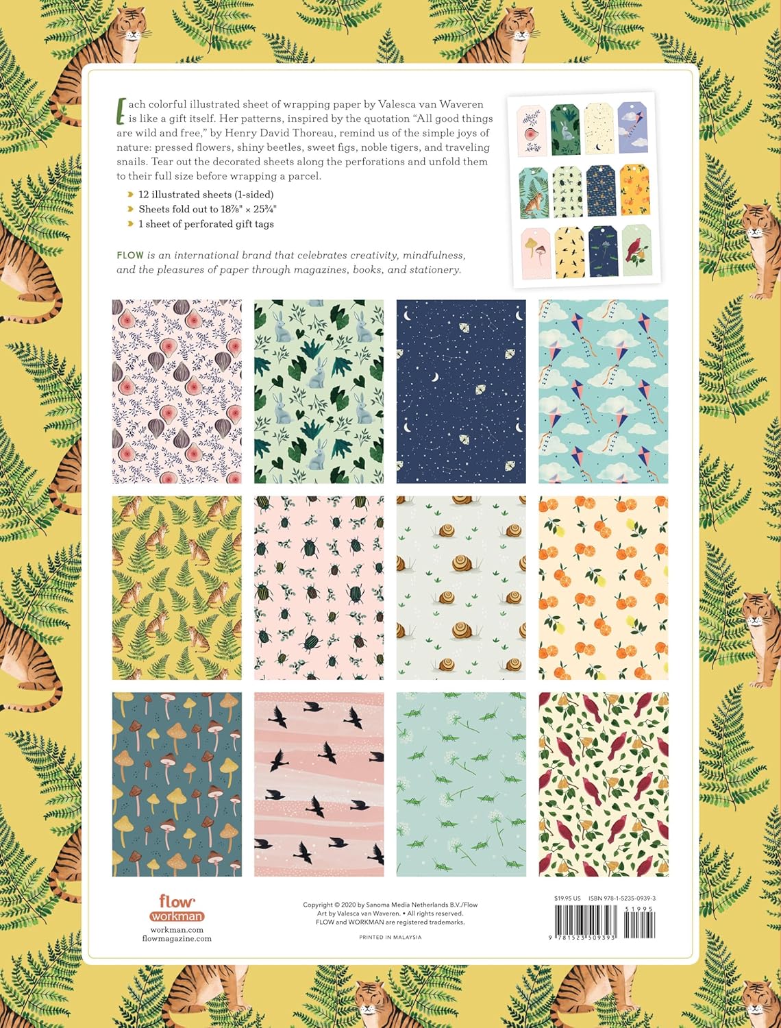 Collection of patterned sheets on a yellow background with animal illustrations
