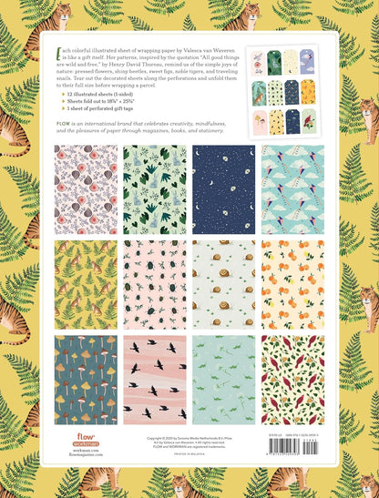 Collection of patterned sheets on a yellow background with animal illustrations