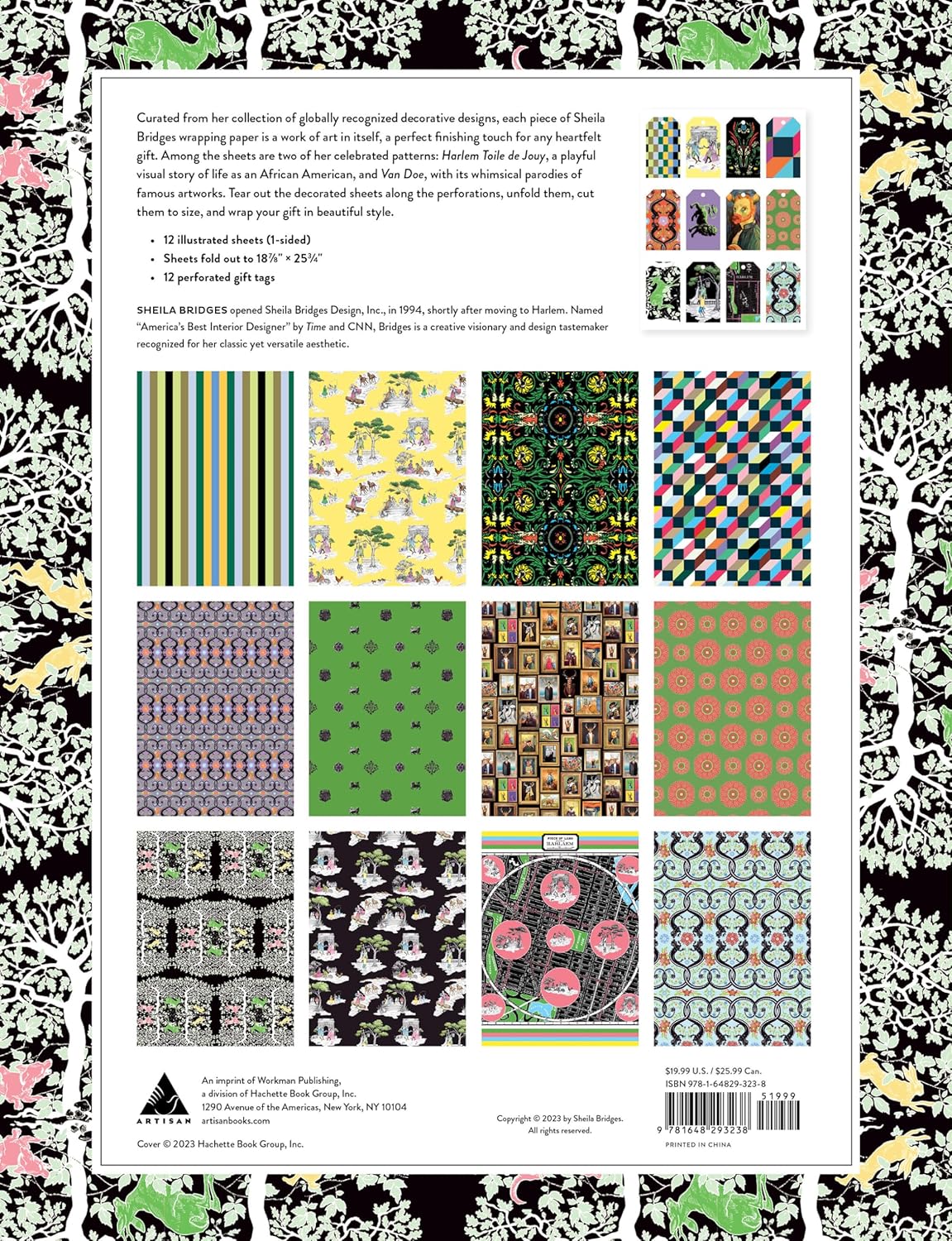 Back cover of a book with patterned designs and text on a black and white floral border.