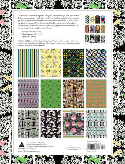 Back cover of a book with patterned designs and text on a black and white floral border.
