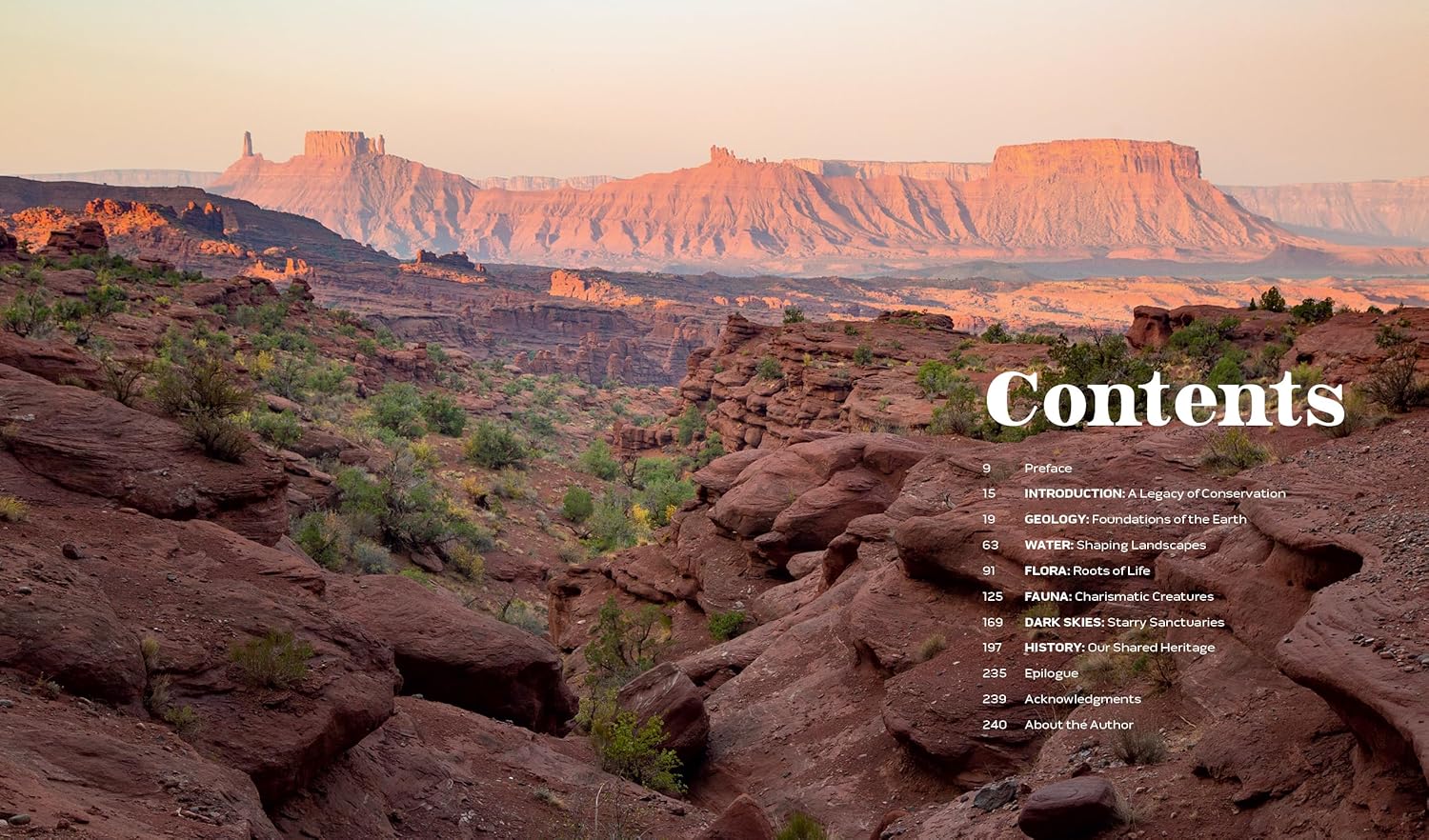 sample pages from Park Lands book with Desert landscape, rocky formations and a clear sky, with table of contents on right side