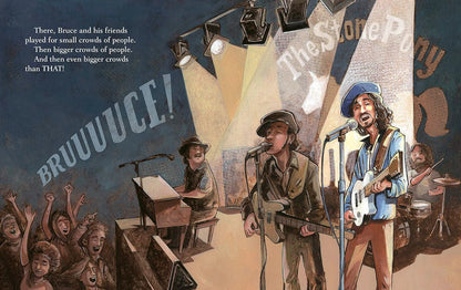 inside pages of book showing bruce on stage.