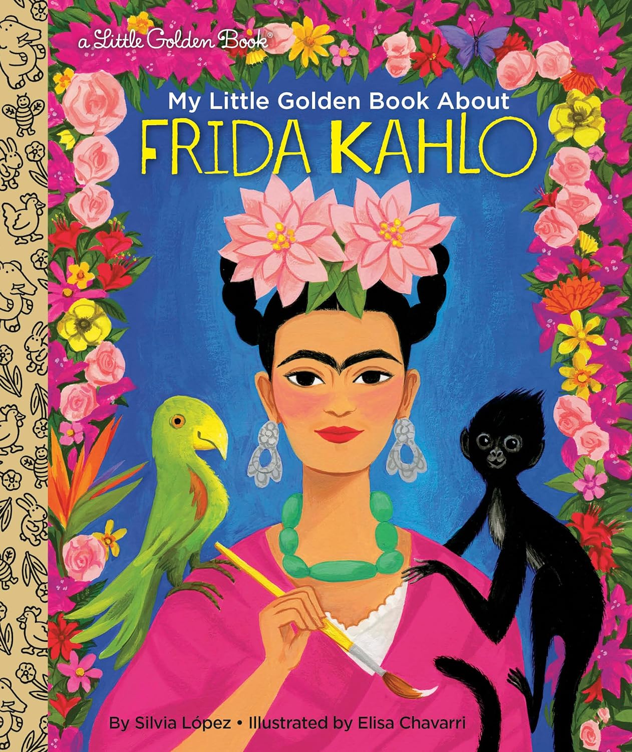 front cover of frida kahlo book with illistration of frida surrounded by flowers and animals.