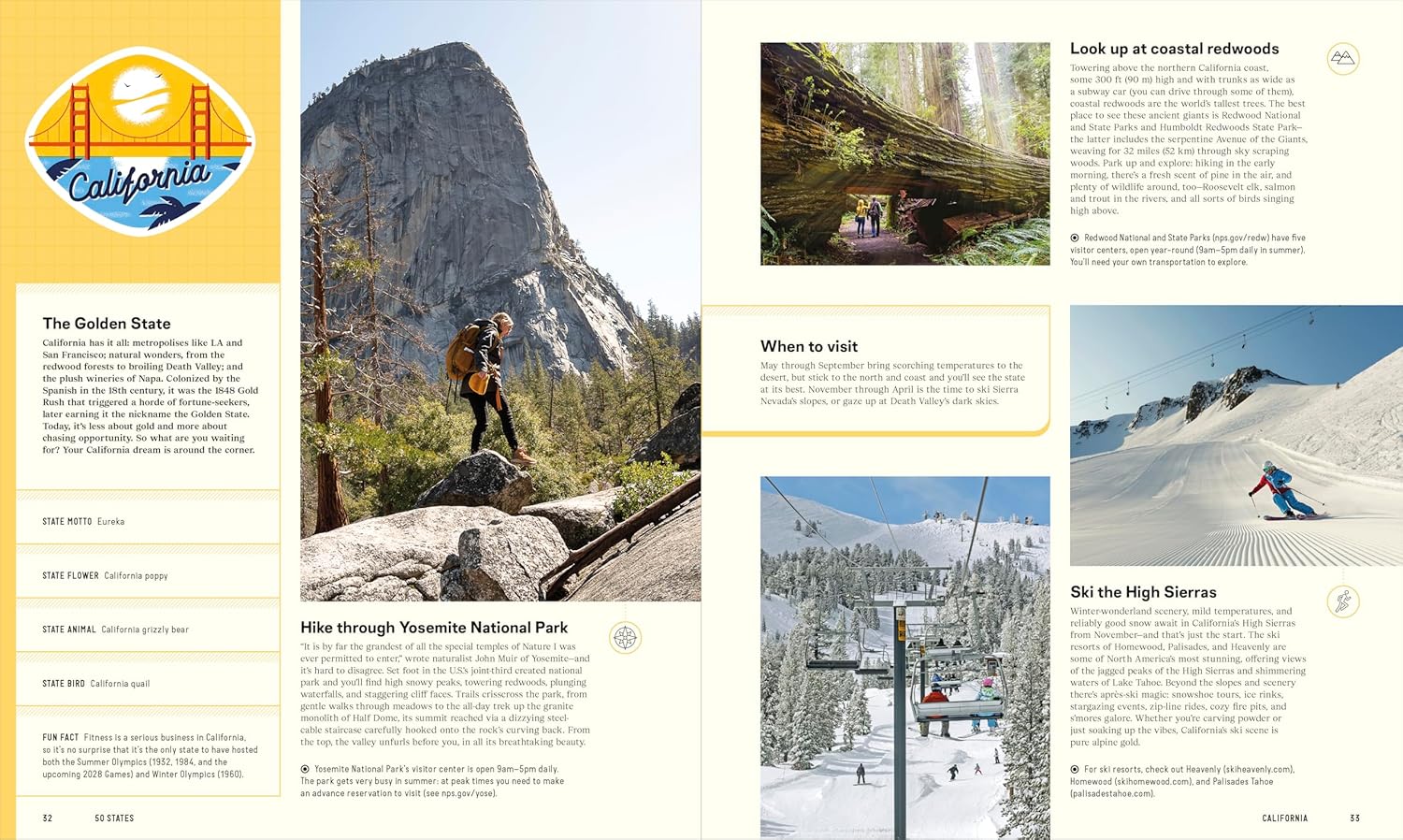 Page from a travel guidebook featuring California, with images of mountains, forests, and skiing.