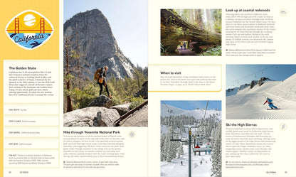 Page from a travel guidebook featuring California, with images of mountains, forests, and skiing.