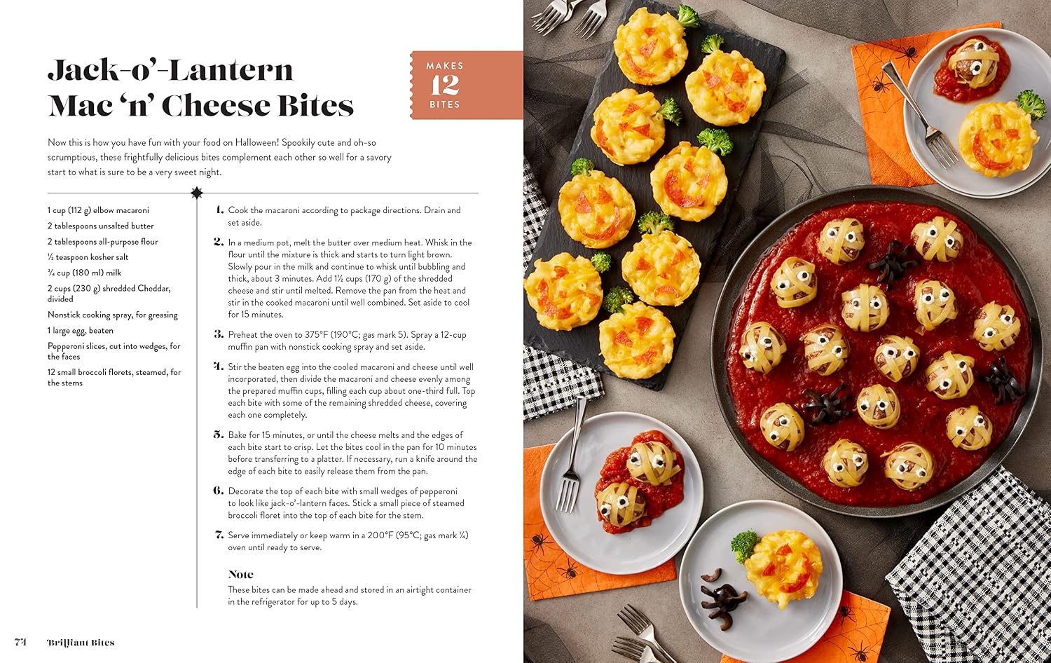 A printed recipe spread page for Jack-o'-Lantern Mac-n'-Cheese Bites, with the recipe text on the left and a large food photography layout on the right showing the prepared cheese bites arranged on a platter and small plates.