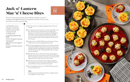 A printed recipe spread page for Jack-o'-Lantern Mac-n'-Cheese Bites, with the recipe text on the left and a large food photography layout on the right showing the prepared cheese bites arranged on a platter and small plates.