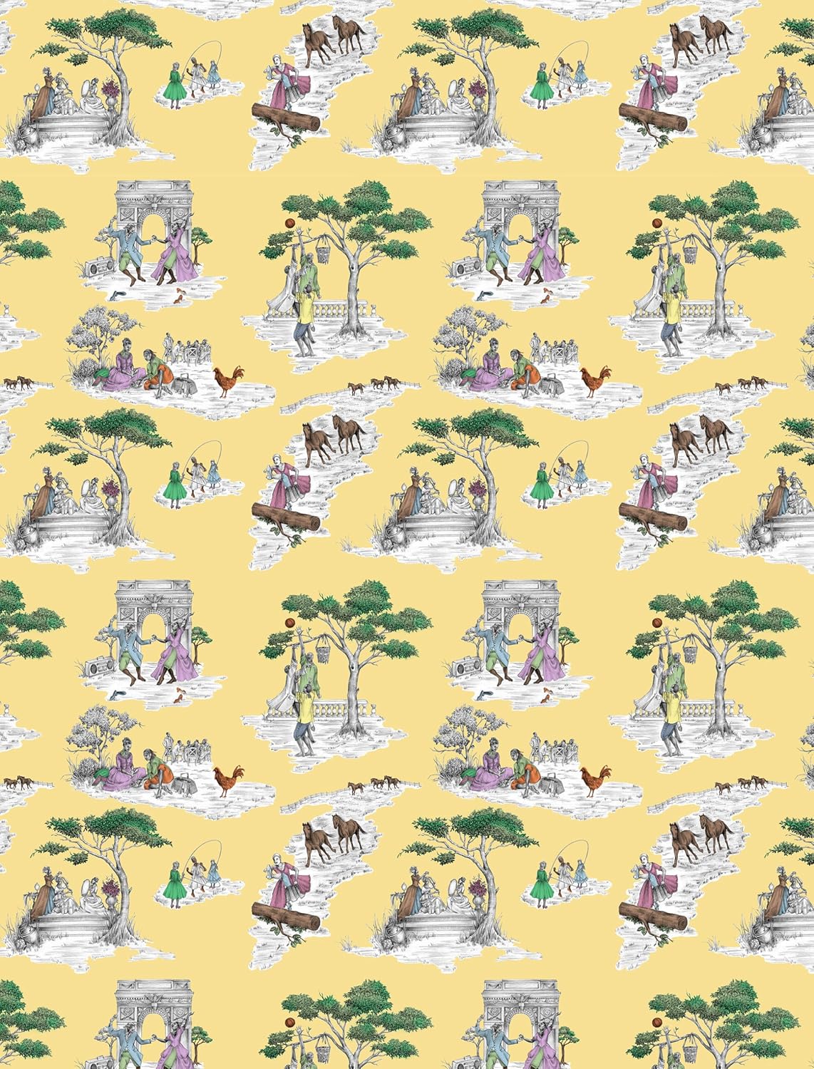 wrapping paper with Patterned illustrations of people, animals, and architecture on a yellow background
