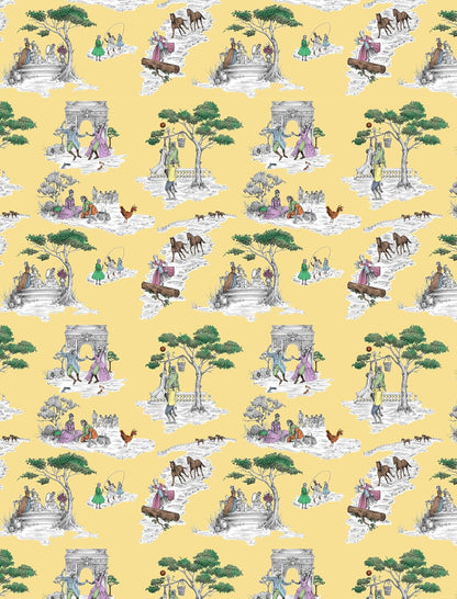 wrapping paper with Patterned illustrations of people, animals, and architecture on a yellow background