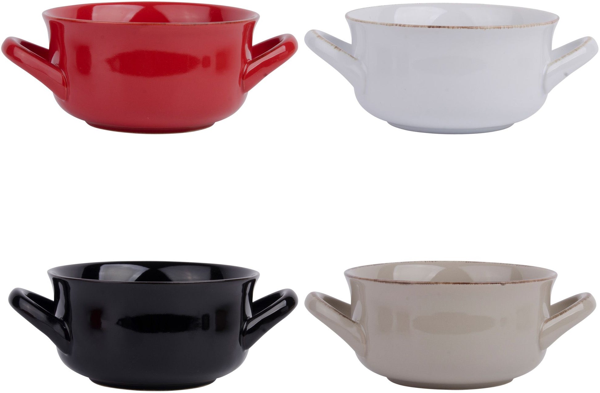 4 colors of handled soup bowls arranged on a white background.