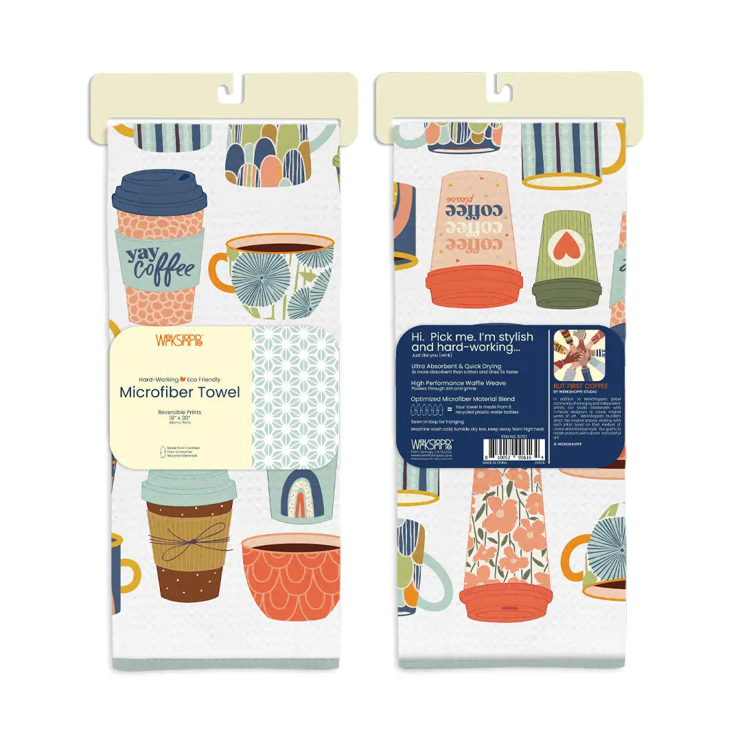 Front and back views of but first coffee dish towels folded in their card packaging.