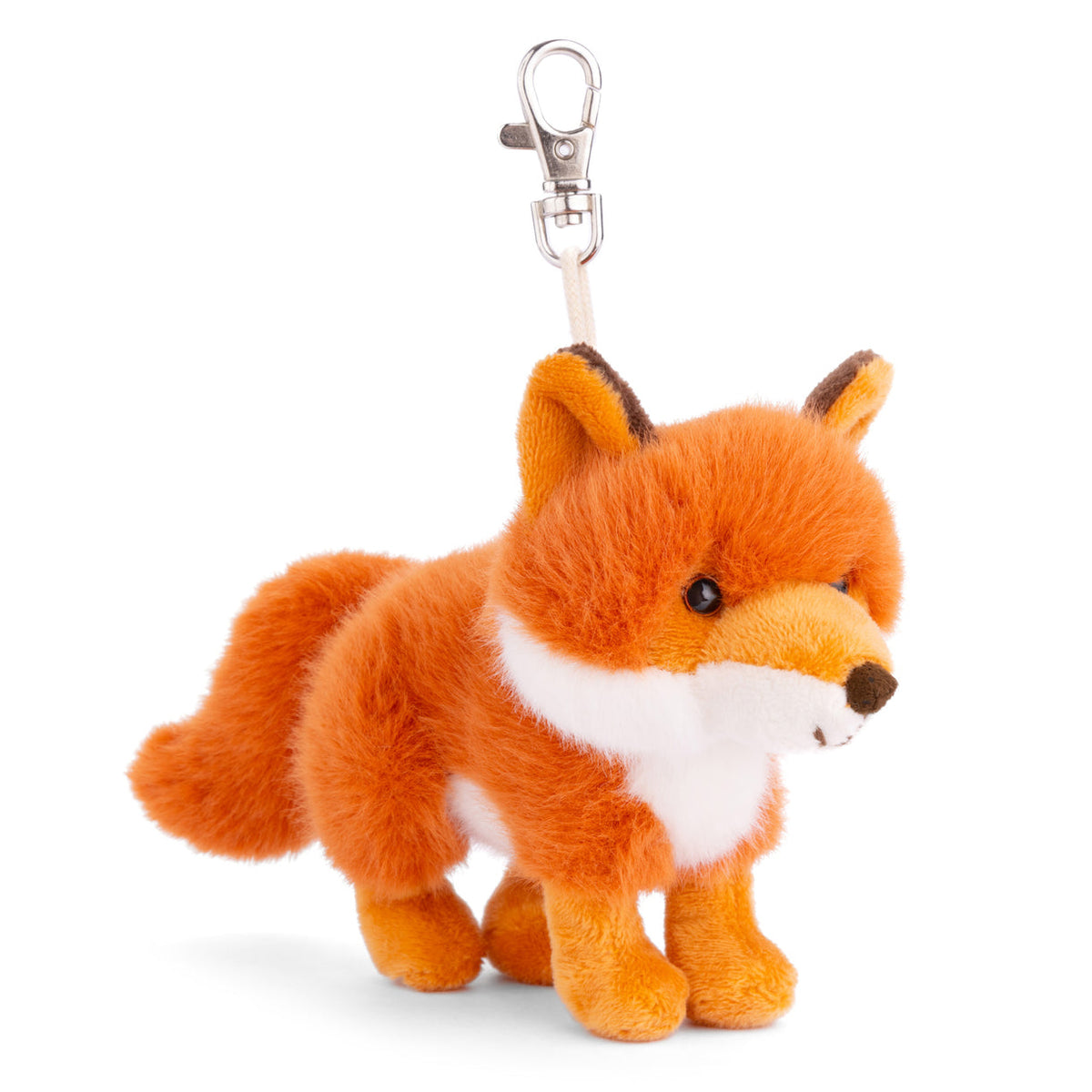 Plush fox keychain with orange and white fur and dark eyes shown on a white background