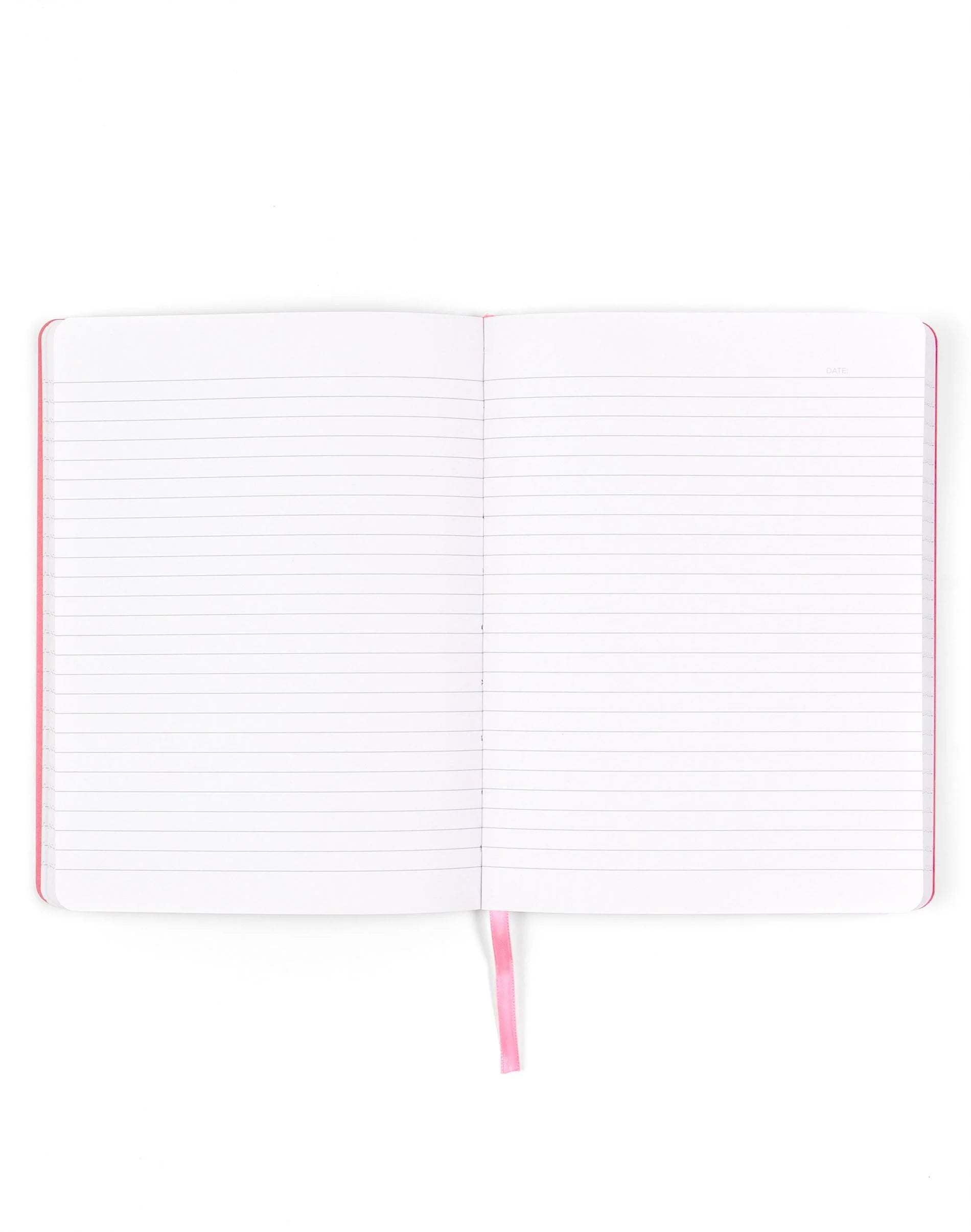 An open lined notebook with white pages and a pink ribbon bookmark