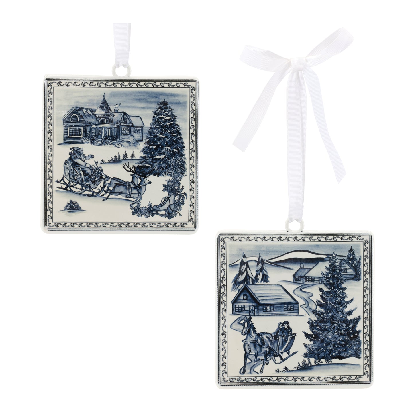 2 styles of winter scene ornaments shown on a white background.