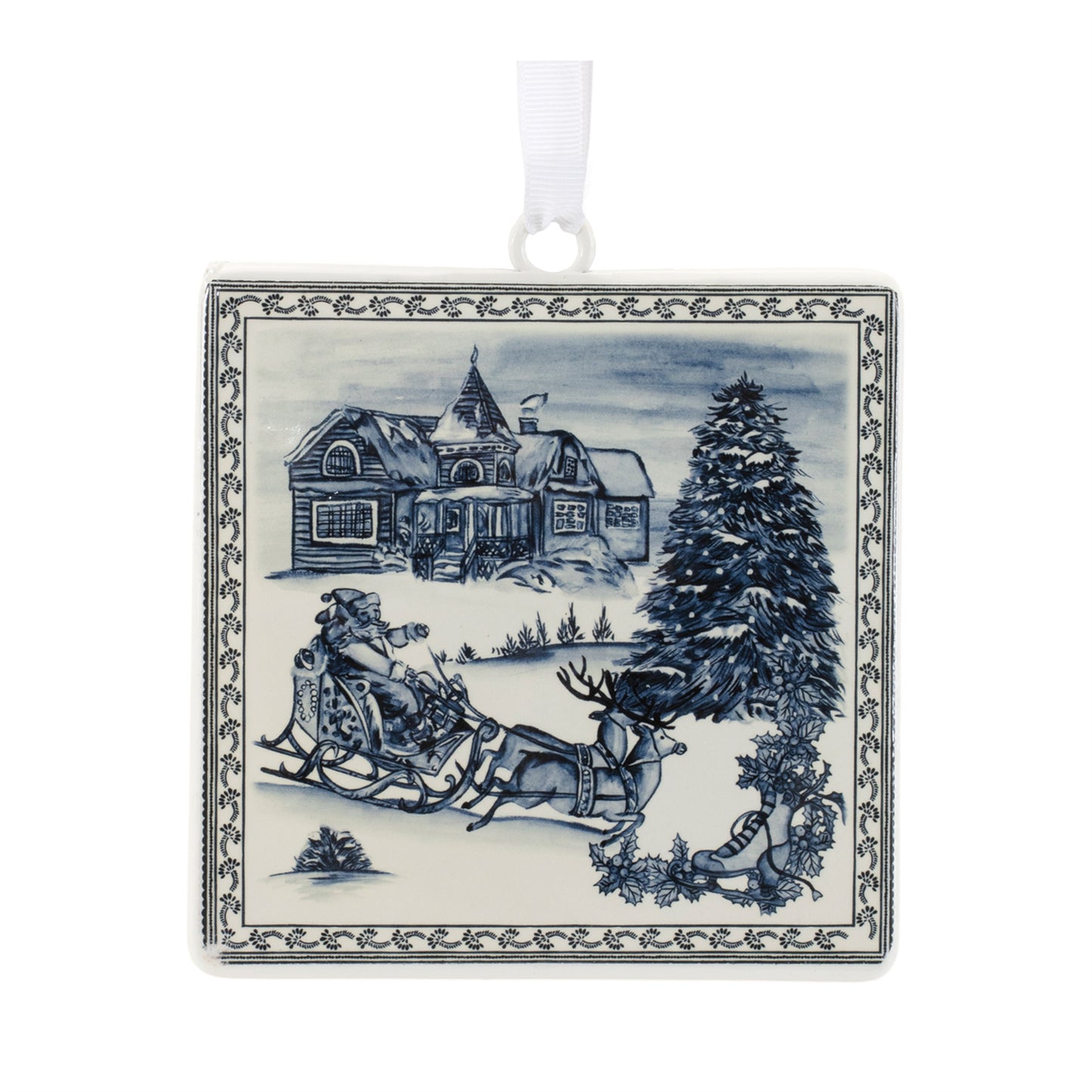 ornament with image of santa in his sleigh.