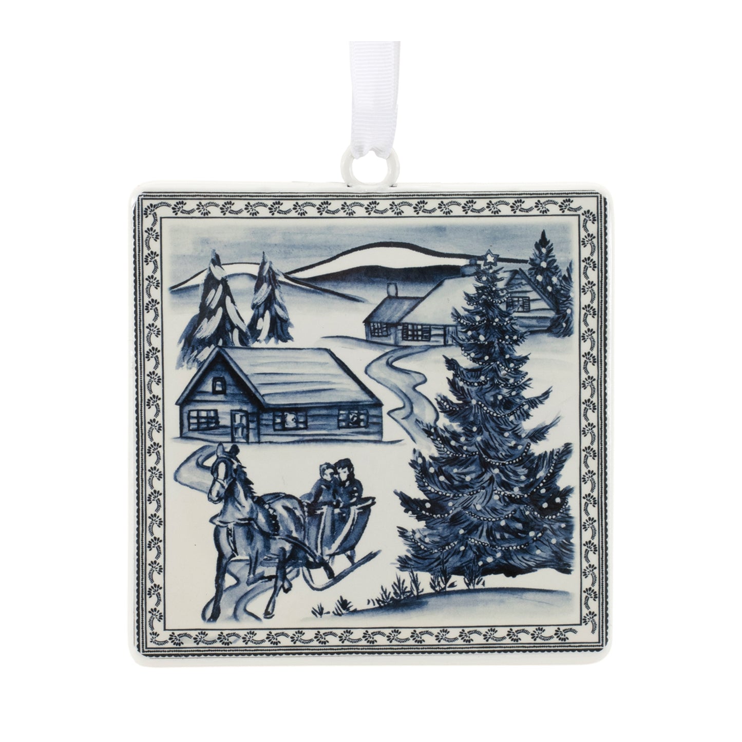 ornament with image of family riding in a horse darwn sleigh.