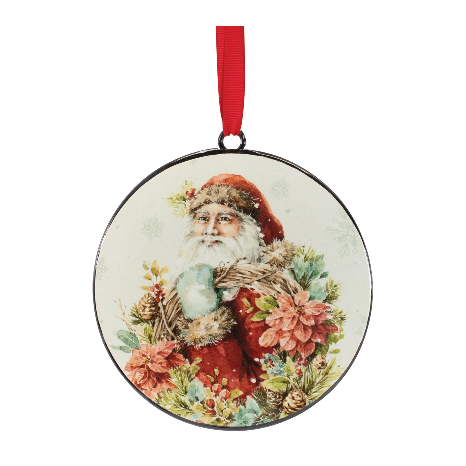 round metal disc ornament with portrait of santa holding a floral wreath.