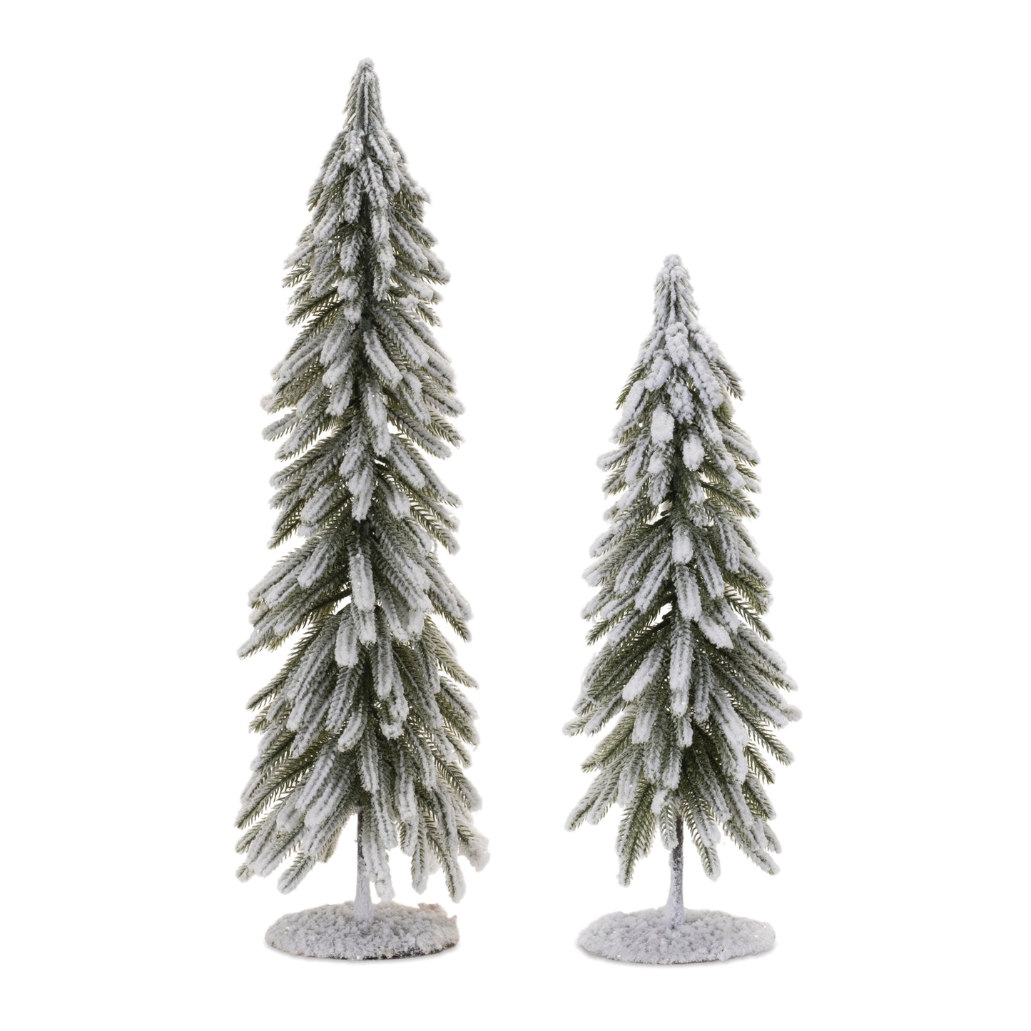 2 sizes of artificial frosted trees on a white background.