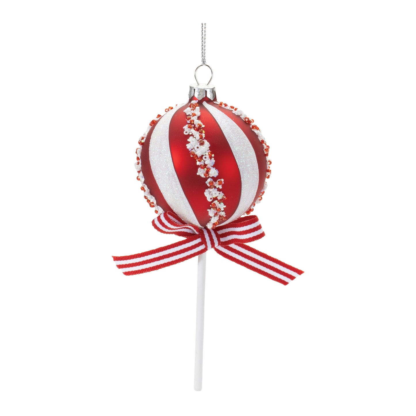 red and white striped glass cake pop ornament on a white background.