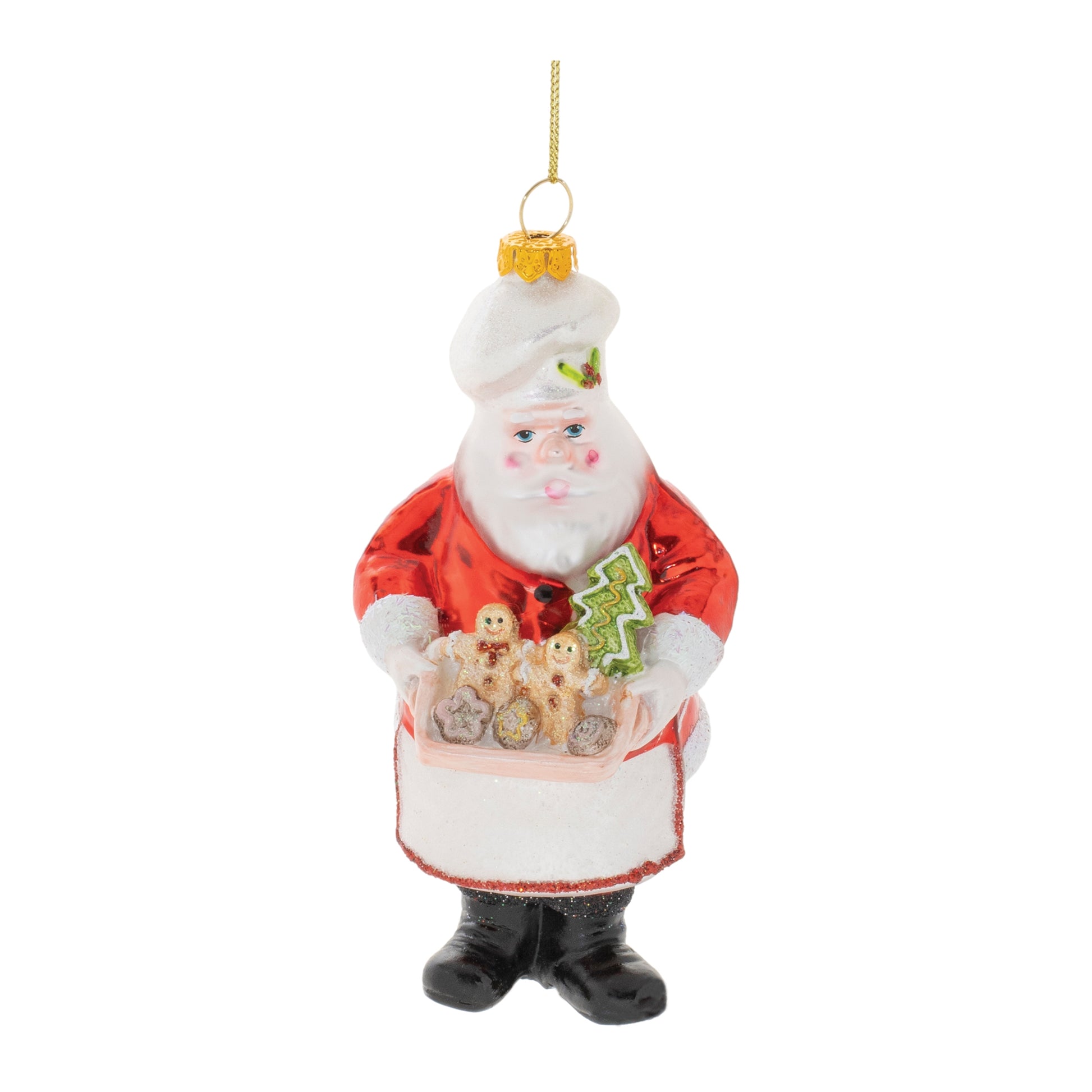 glass santa holding tray of treats ornament