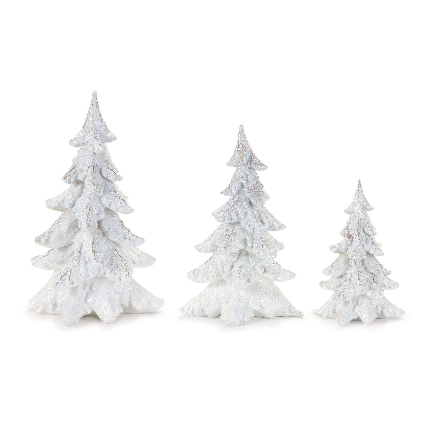 3 sizes of white wintery trees in a row on a white background.