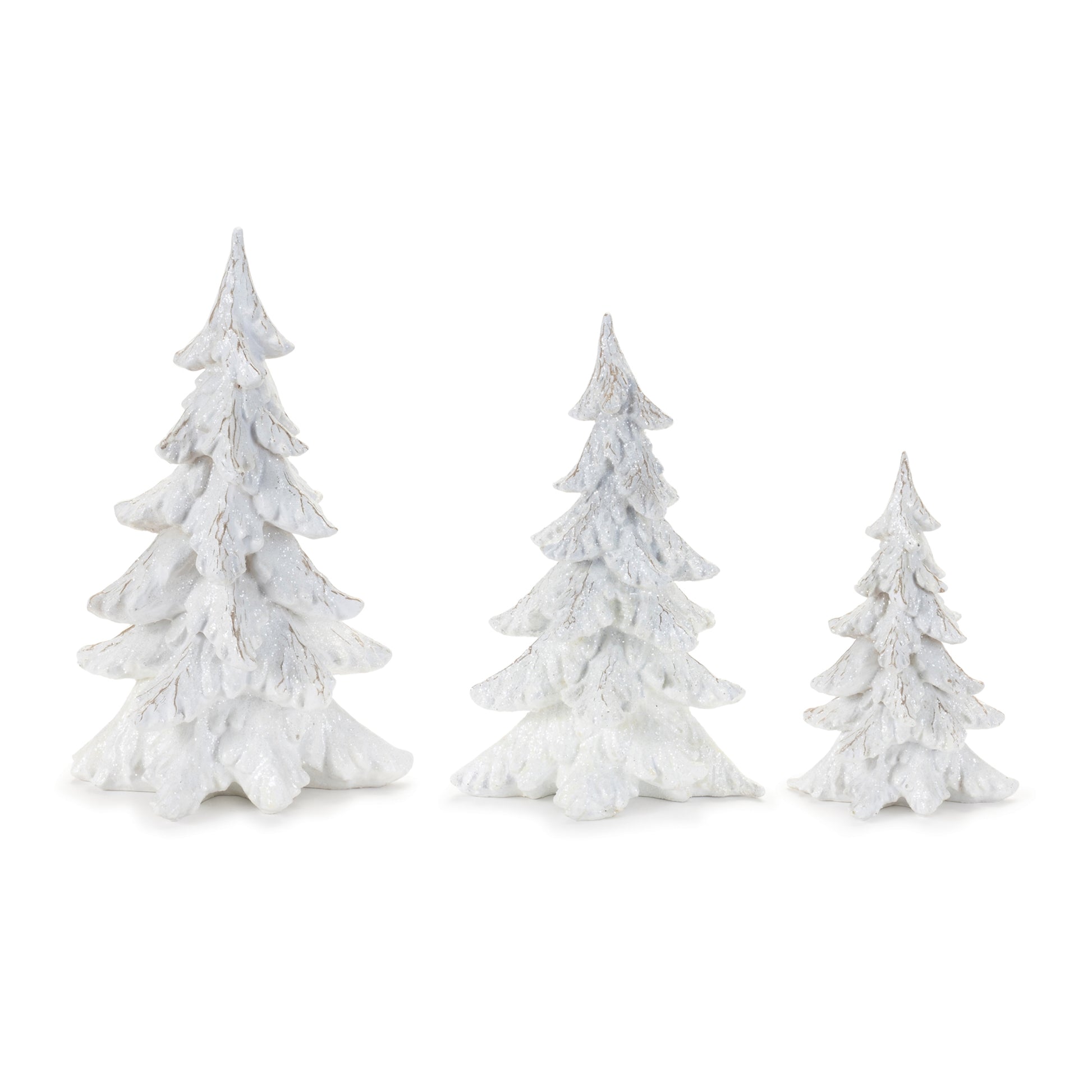 3 sizes of white wintery trees in a row on a white background.